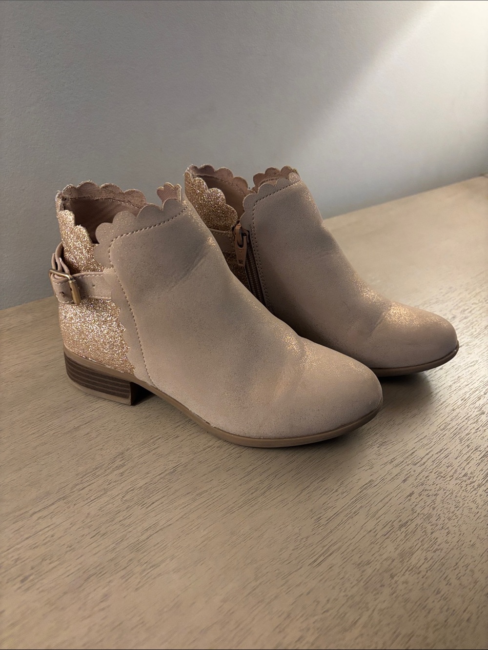 Girls’ Self Esteem Scalloped Gold Glitter Back Ankle Boots